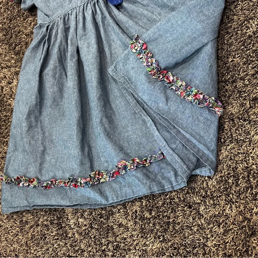 Handmade Girls Denim Blue Cat Dress Size 5/6 Floral Bow Puff Sleeves